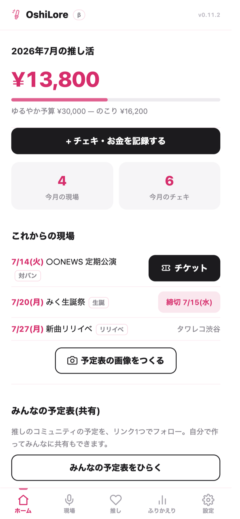 ホーム画面。今月の合計・ゆるやか予算ののこり・今月の現場とチェキ枚数・これからの現場が一目で分かる